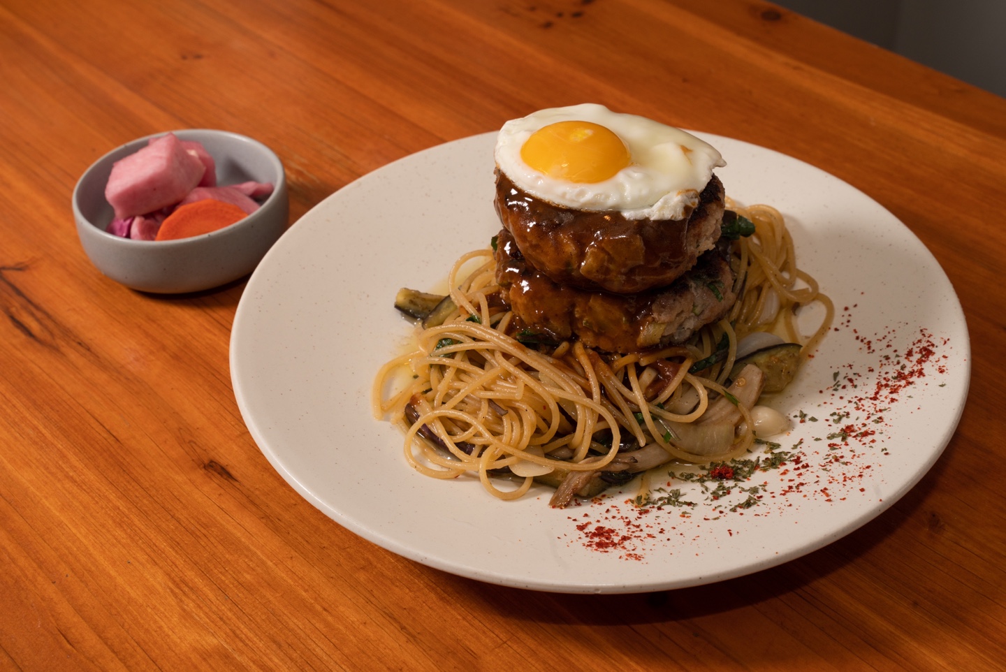Merchant menu photo of Hanwoo-and-pork hamburger-steak pasta at Button Up Hapjeong