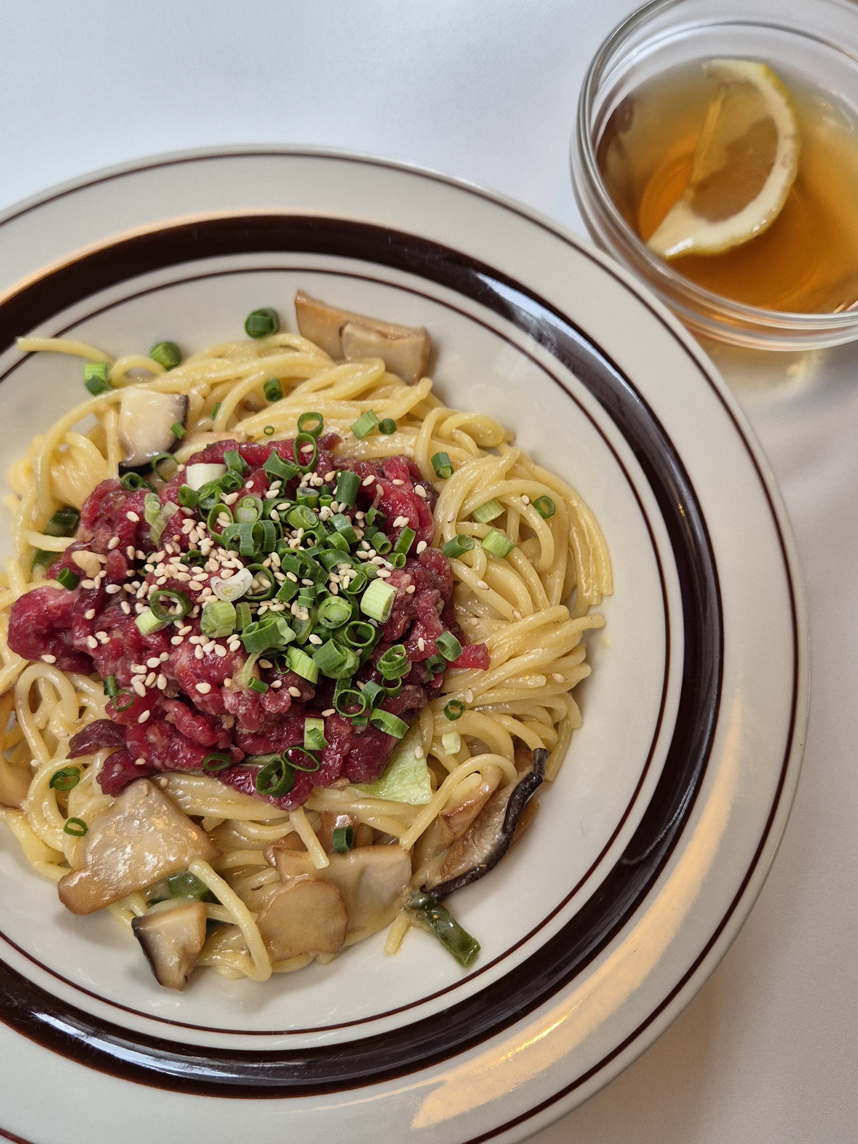 Korean beef tartare and perilla oil cold pasta