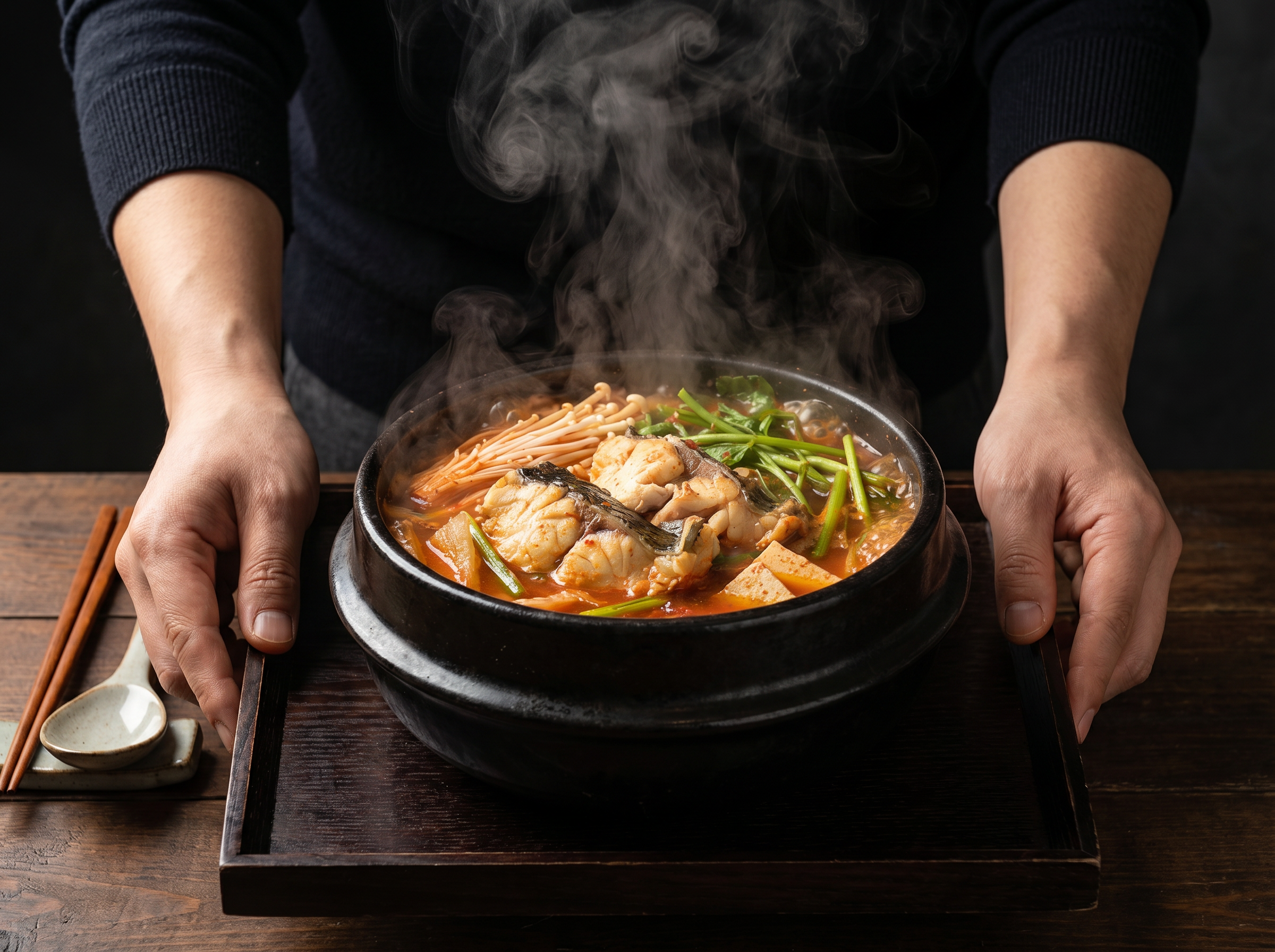 Spicy rockfish soup and marinated crab