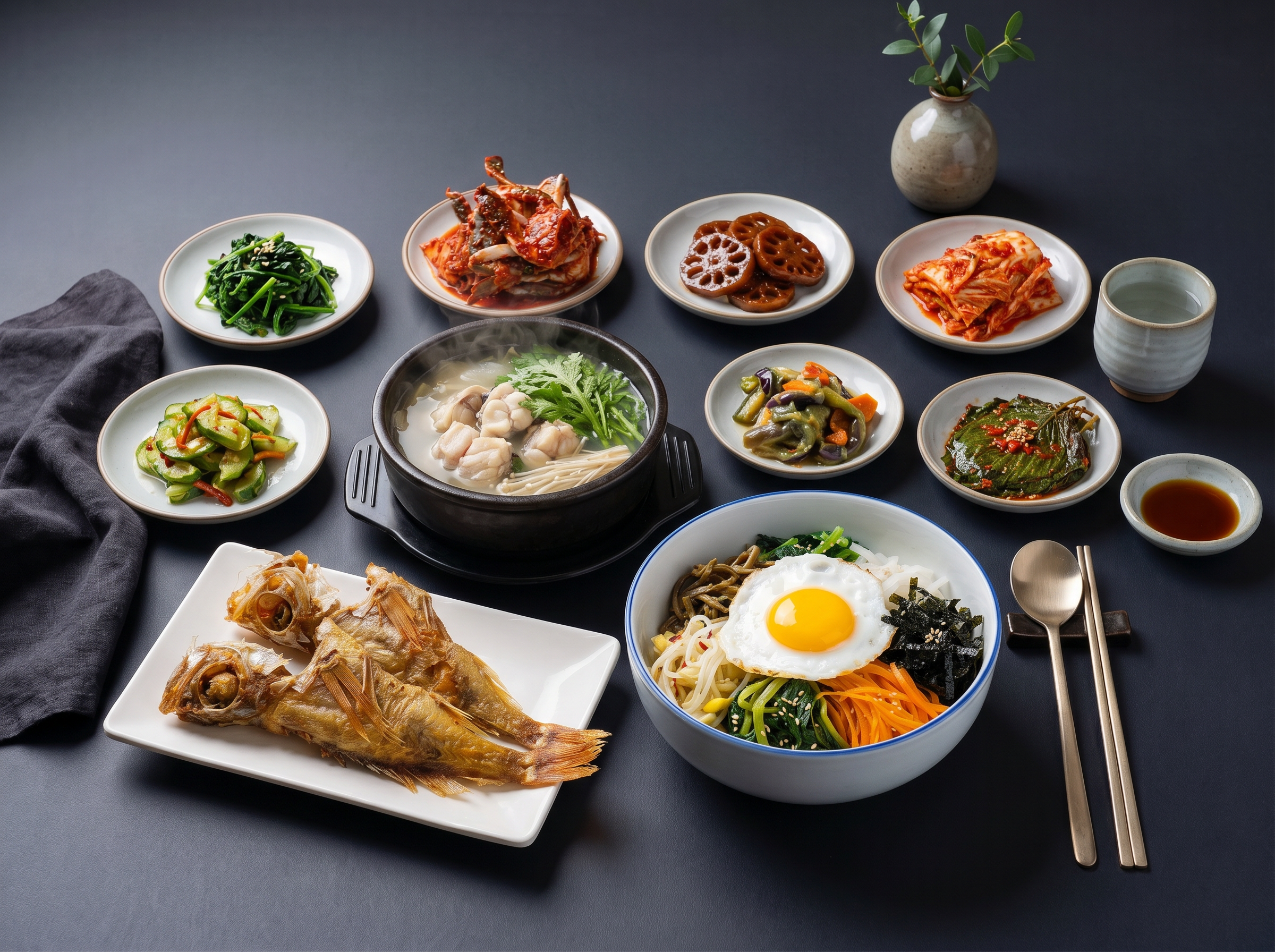 Vegetable bibimbap and clear fish soup