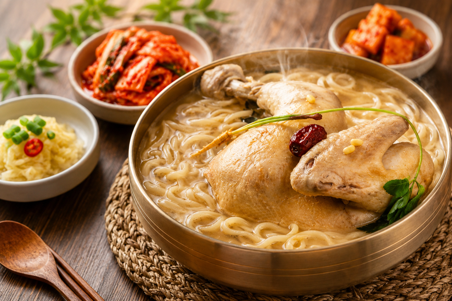 진하게 우려낸 삼계닭칼국수