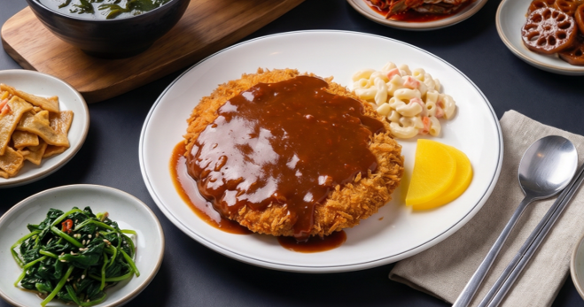 Cheese pork cutlet and seaweed soup
